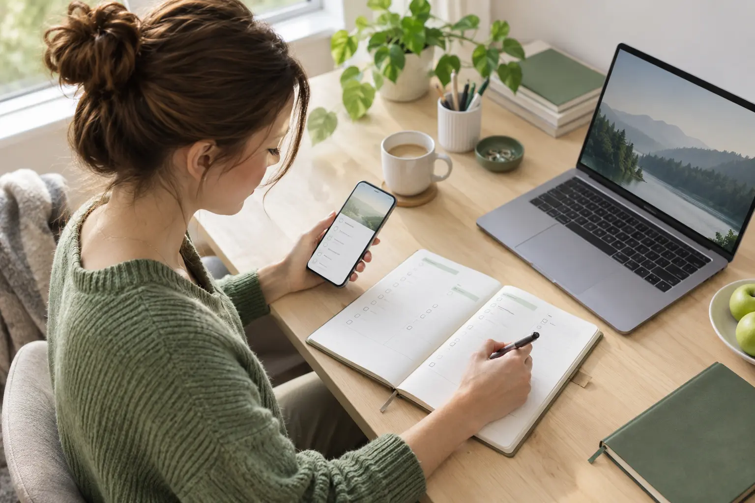 Kobieta planuje współpracę przy laptopie i telefonie