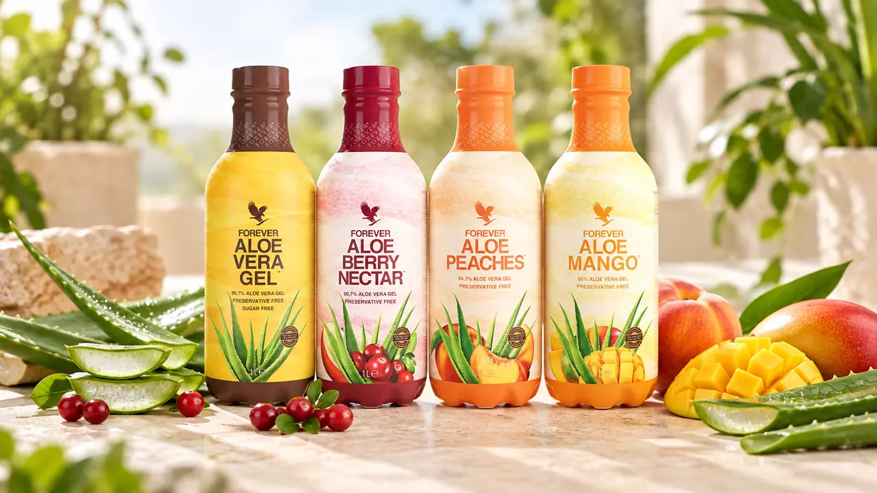 Cztery warianty napojów aloesowych Forever Living w naturalnym otoczeniu