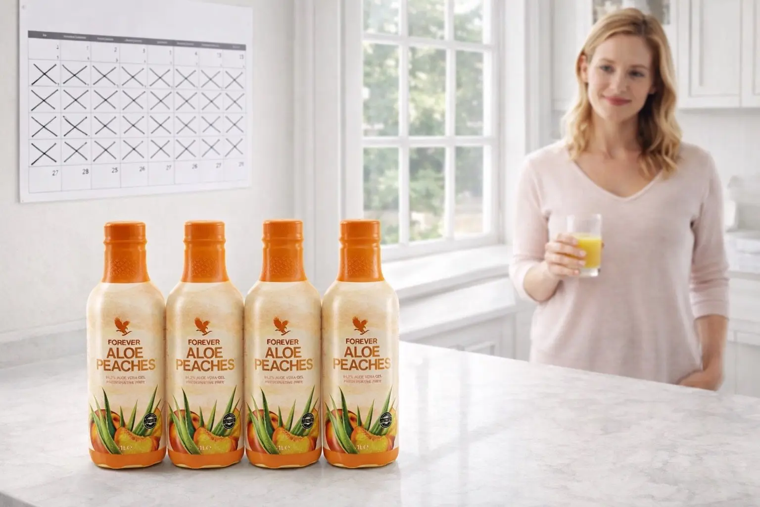 Cztery butelki Forever Aloe Peaches w opakowaniu 4-Pack