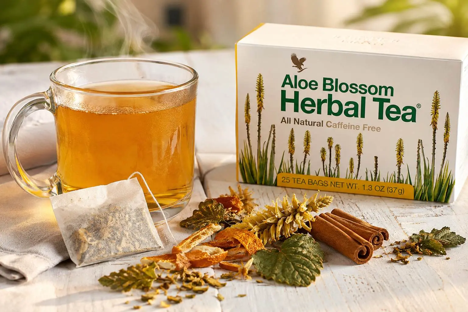 Aloe Blossom Herbal Tea z kubkiem herbaty, przyprawami i ziołami
