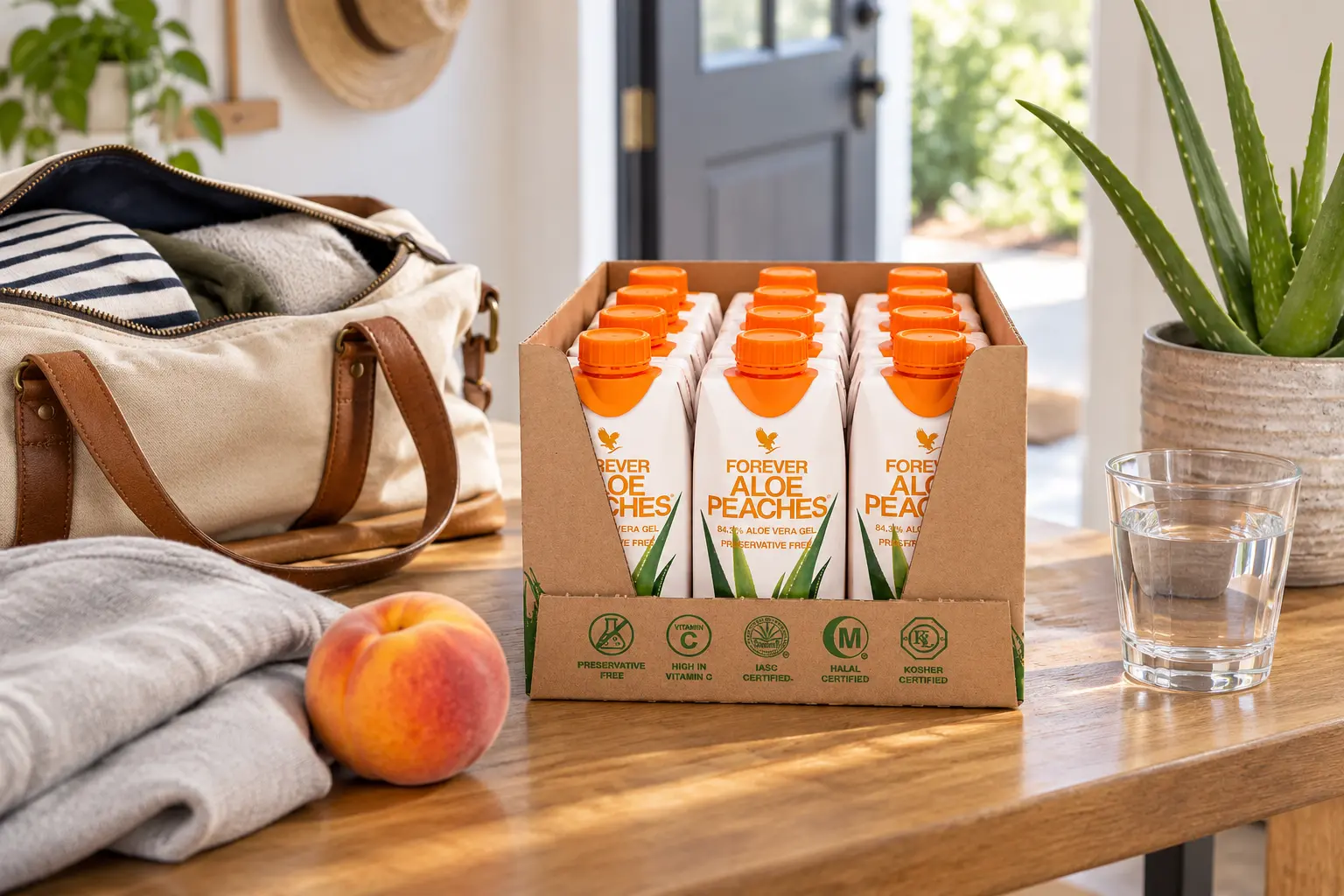 Forever Aloe Peaches 12 × 330 ml przygotowany do torby podróżnej