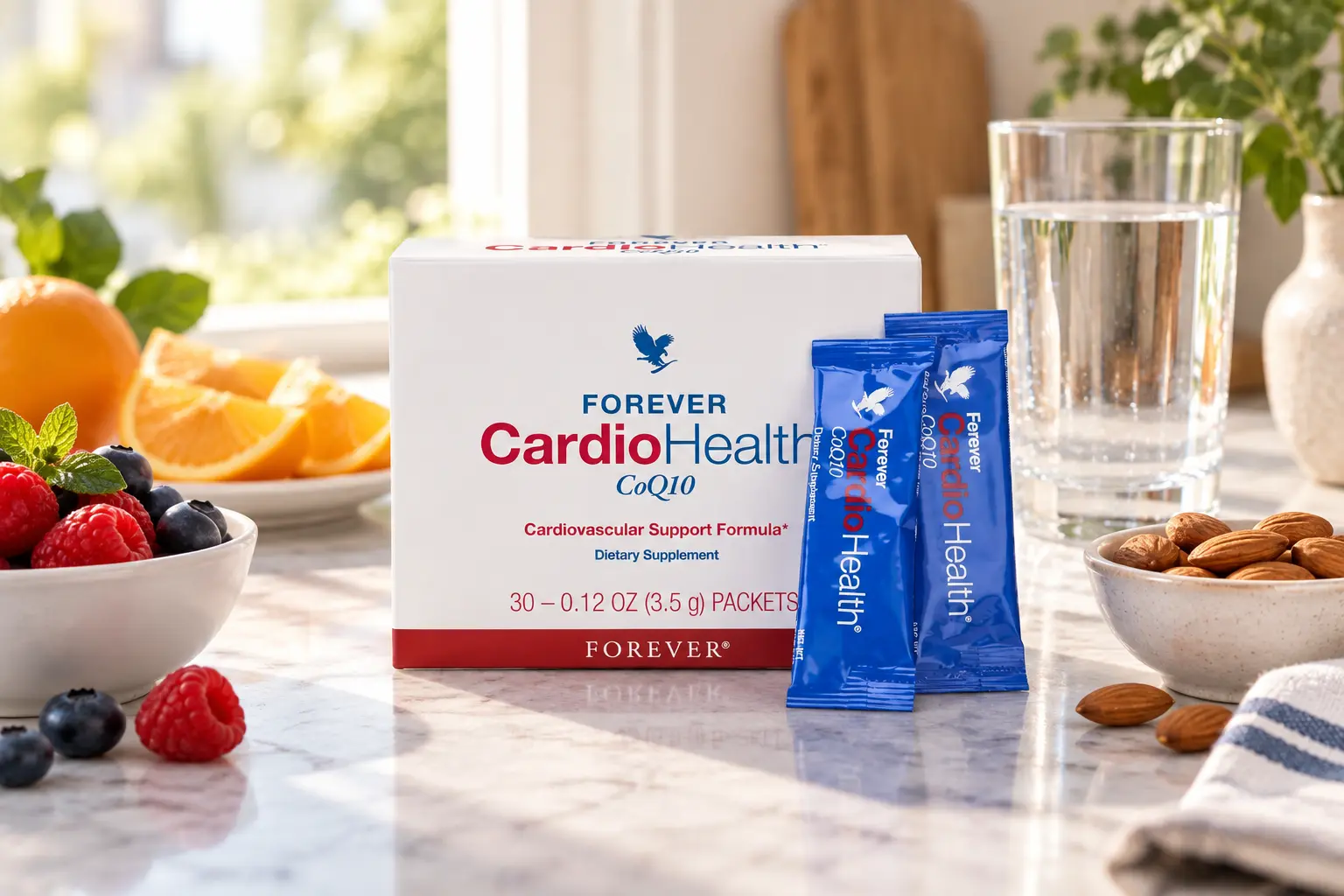 Forever CardioHealth przygotowany obok szklanki wody i śniadania