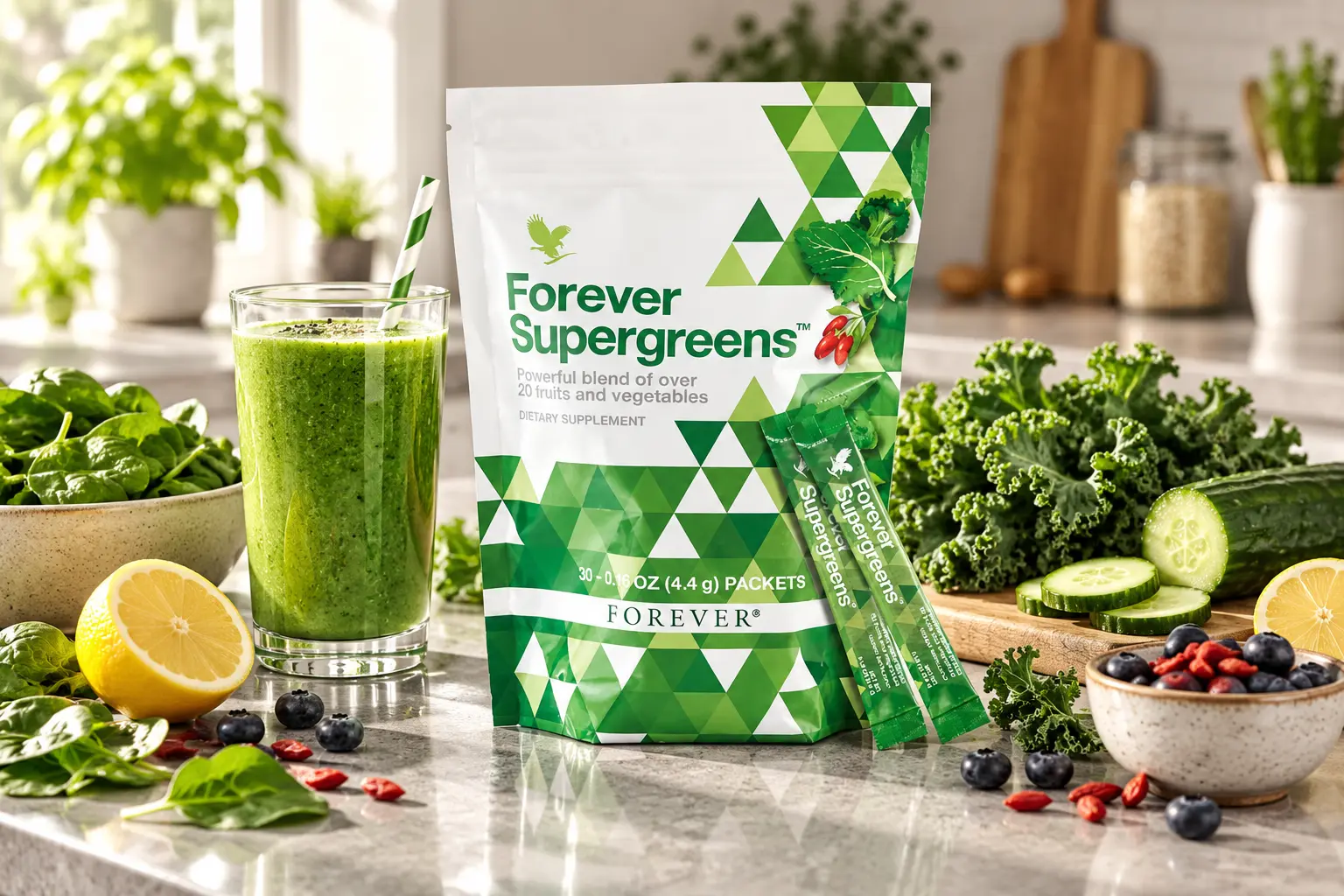Forever Supergreens w naturalnej zielonej aranżacji kuchennej