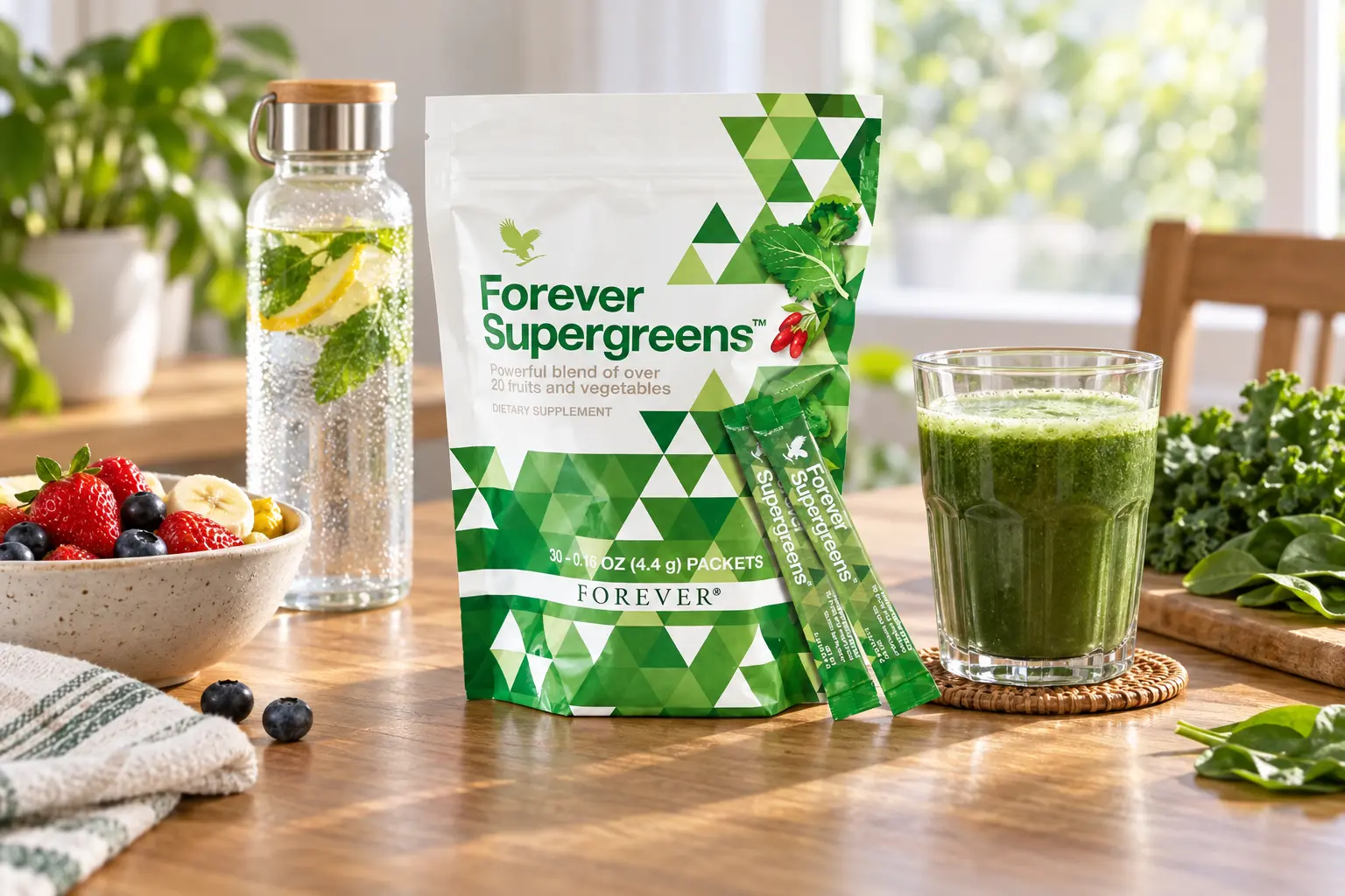 Forever Supergreens przygotowany jako część aktywnego dnia