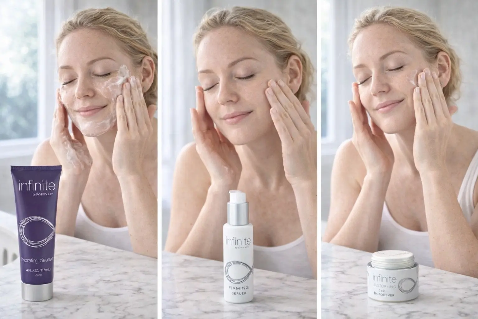 Infinite Hydrating Cleanser w aranżacji produktowej i codziennej