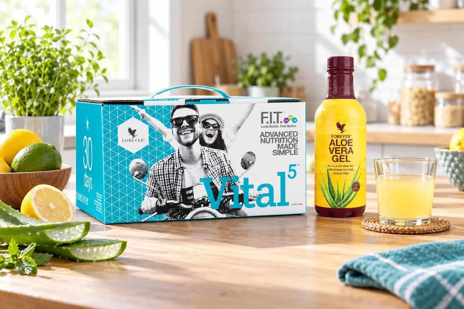 Vital5 z Forever Aloe Vera Gel w scenerii produktowej i codziennej
