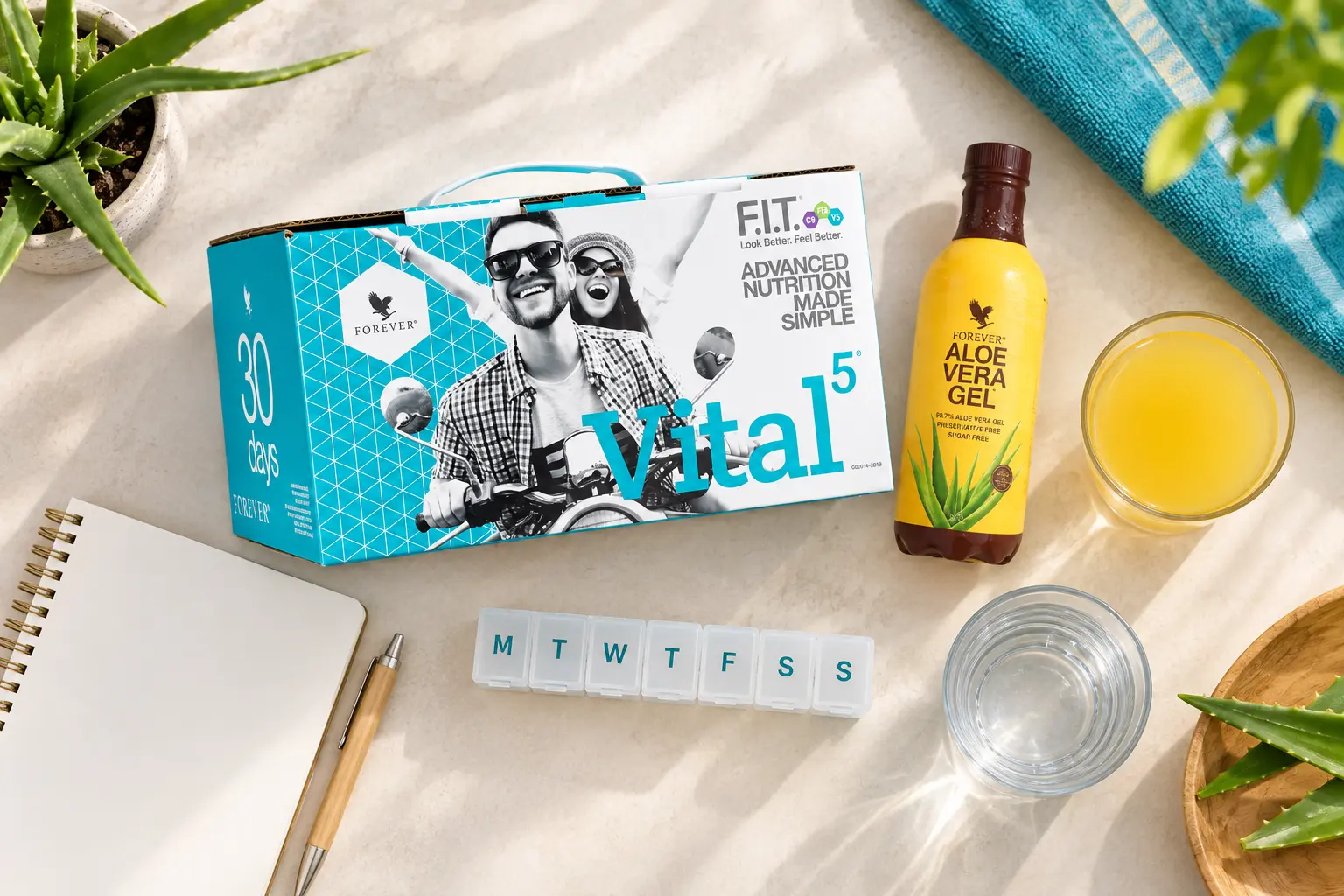Vital5 z Forever Aloe Vera Gel w scenerii produktowej i codziennej
