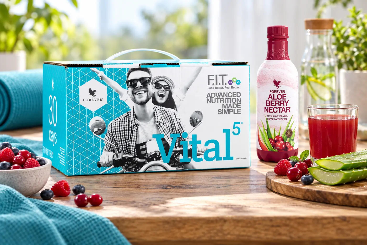 Vital5 z Aloe Berry Nectar w scenerii produktowej i codziennej
