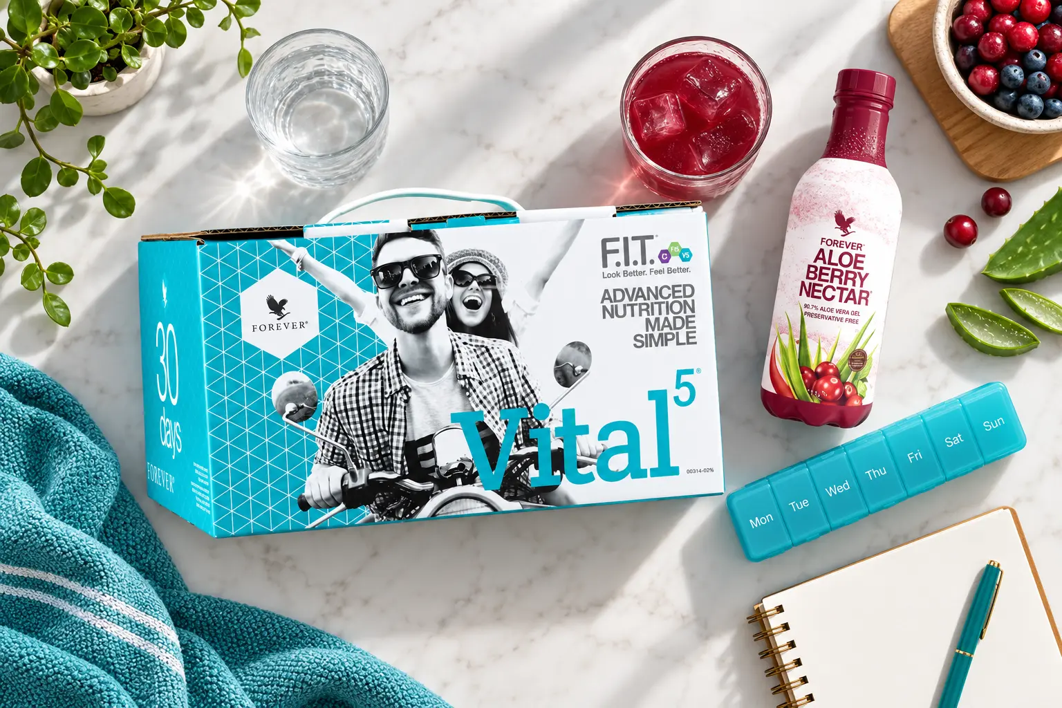 Vital5 z Aloe Berry Nectar w scenerii produktowej i codziennej