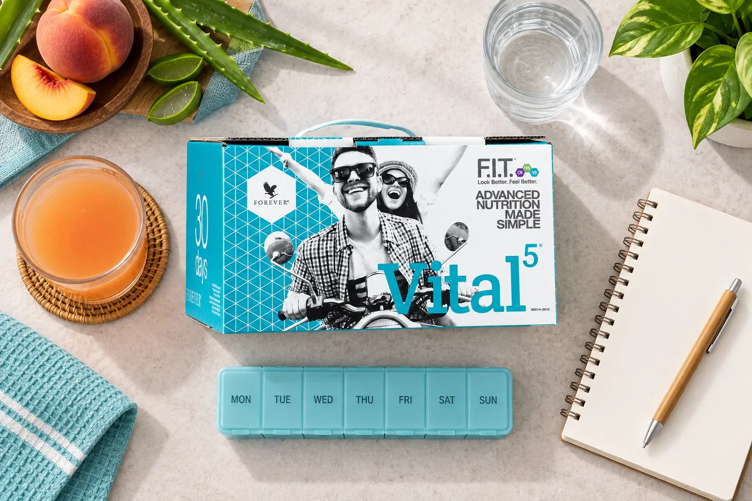 Vital5 z Forever Aloe Peaches w aranżacji produktowej i codziennej